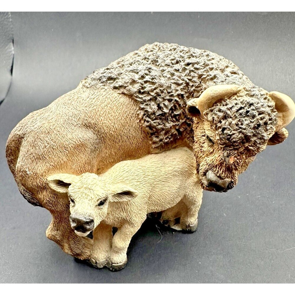 Buffalo And Calf Figurine Western Outdoors Cabin Cozy Rustic Figure bison stone